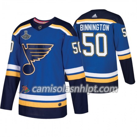 Camisola St. Louis Blues Jordan Binnington 50 Adidas 2019 Stanley Cup Champions Royal Authentic - Homem